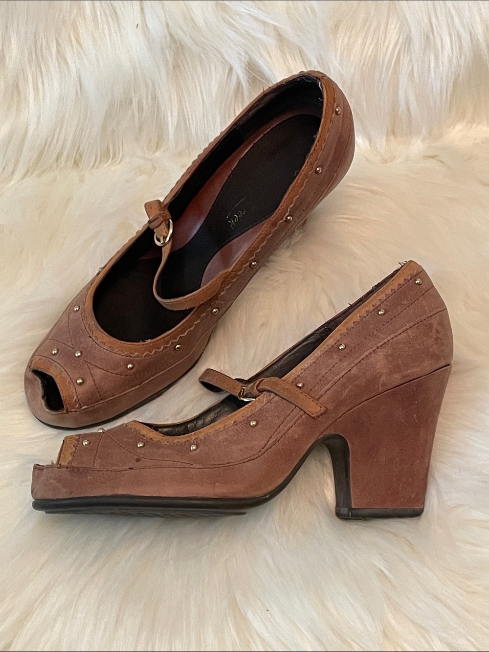 Coldwater Creek - Light Brown Suede Mary Jane Peep-Toe Block Heels